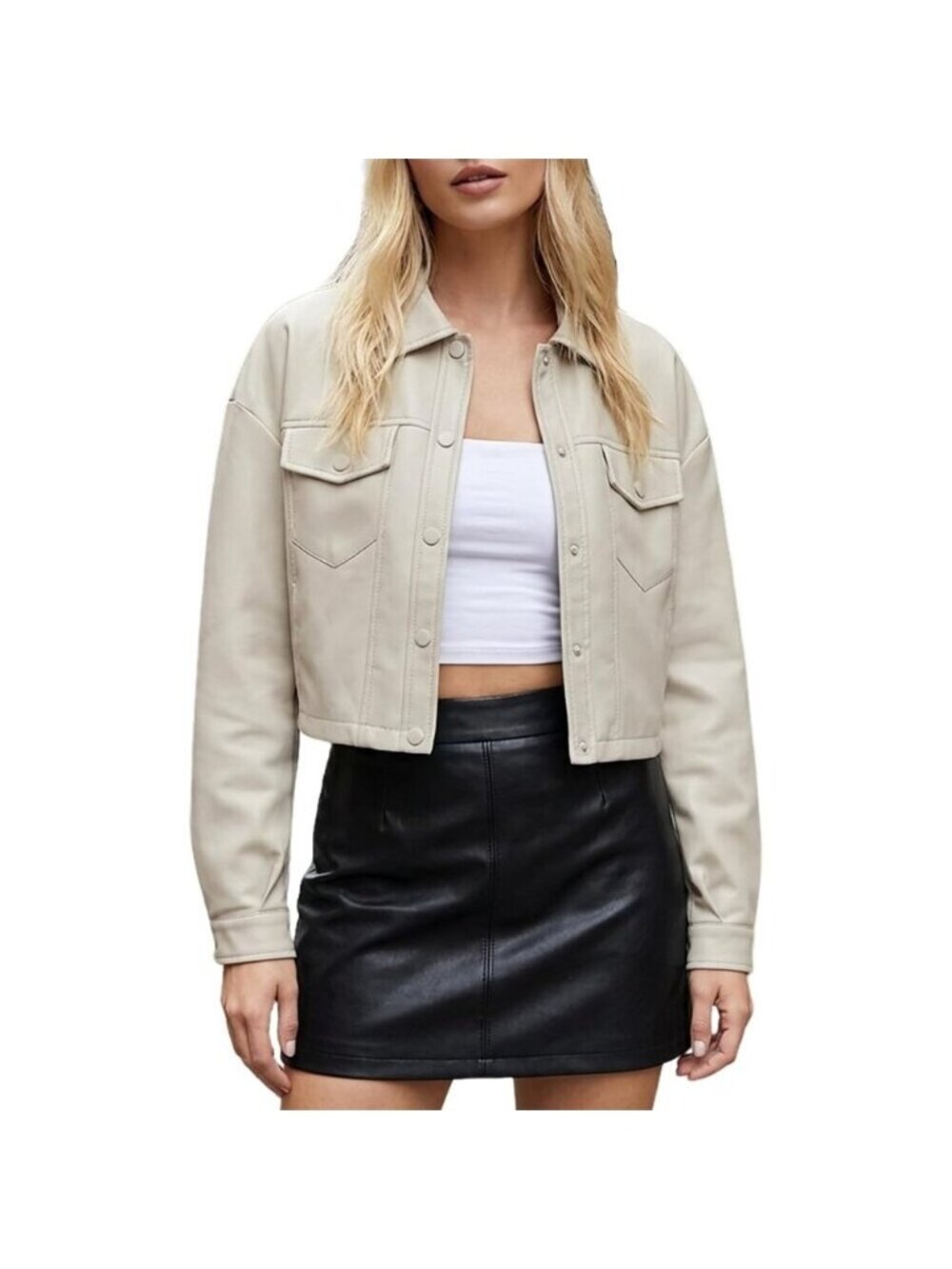 Women Faux Leather Cropped Jacket Trendy Moto Biker Short Jacket PU Jacket Beige